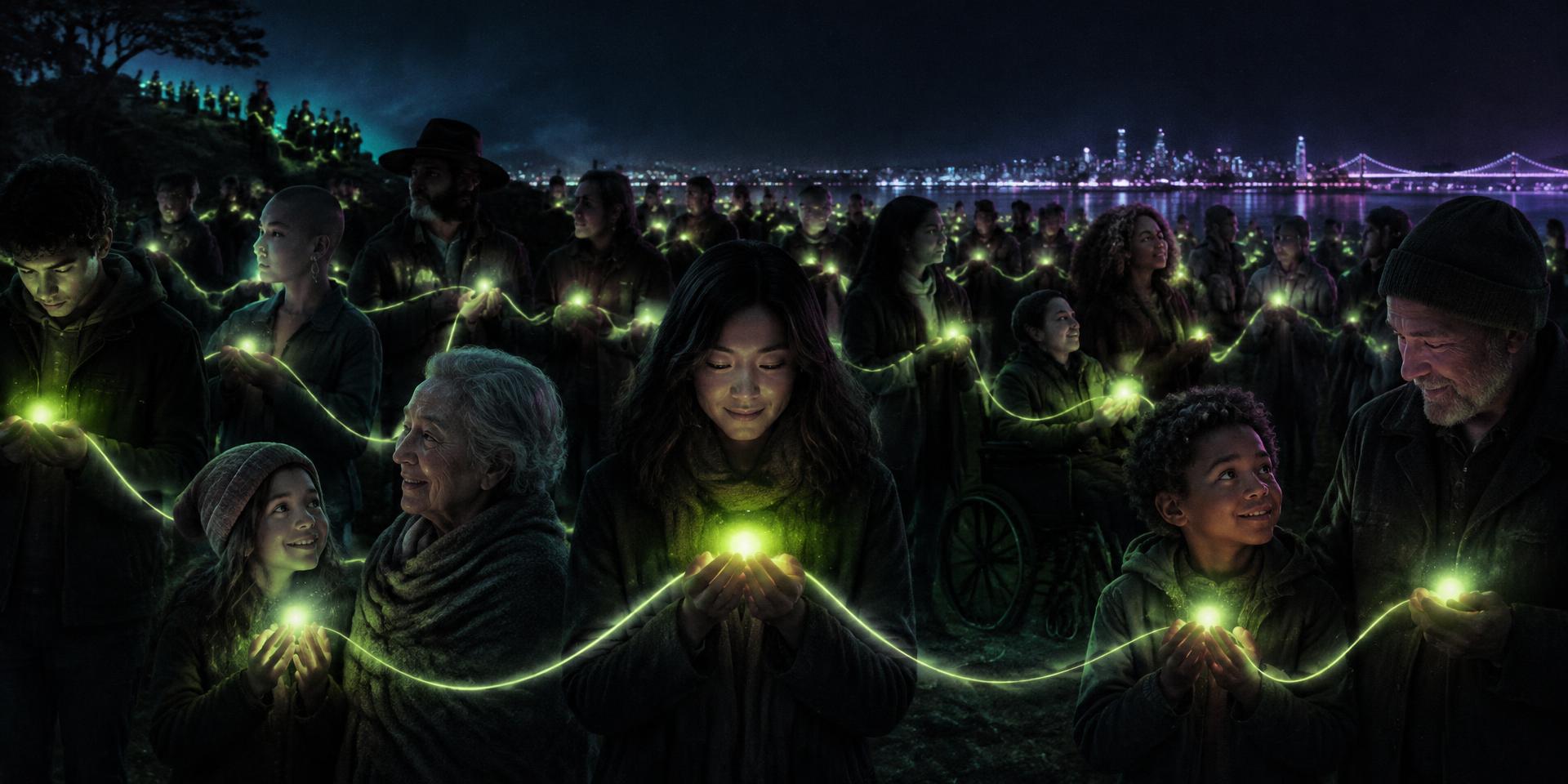 Pessoas de idades e estilos diferentes, reunidas à noite, seguram pequenas luzes ligadas por um mesmo fio verde.